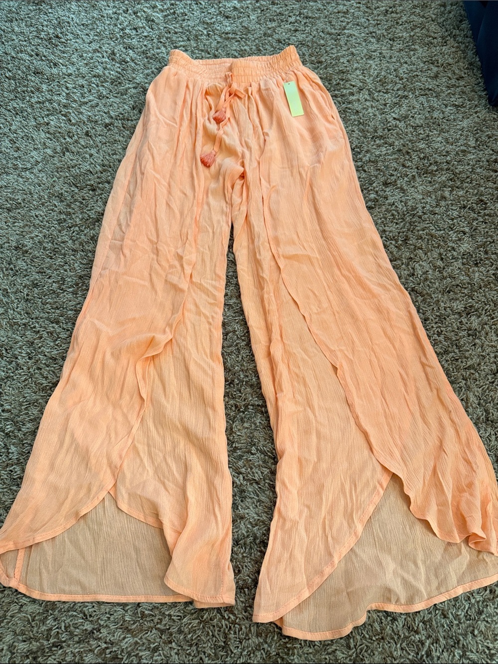 Peach Wide-Leg Wrap Overlay Beach Pants with Drawstring Waist